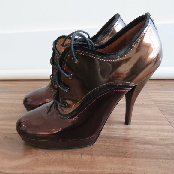 LANVIN River 2009 Collection Mirrored Patent Bronze Heel Platform Lace Up Shoes - Picture 2 of 16